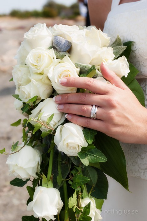 Klassisk bröllopsbild där man dokumenterar ringarna och buketten